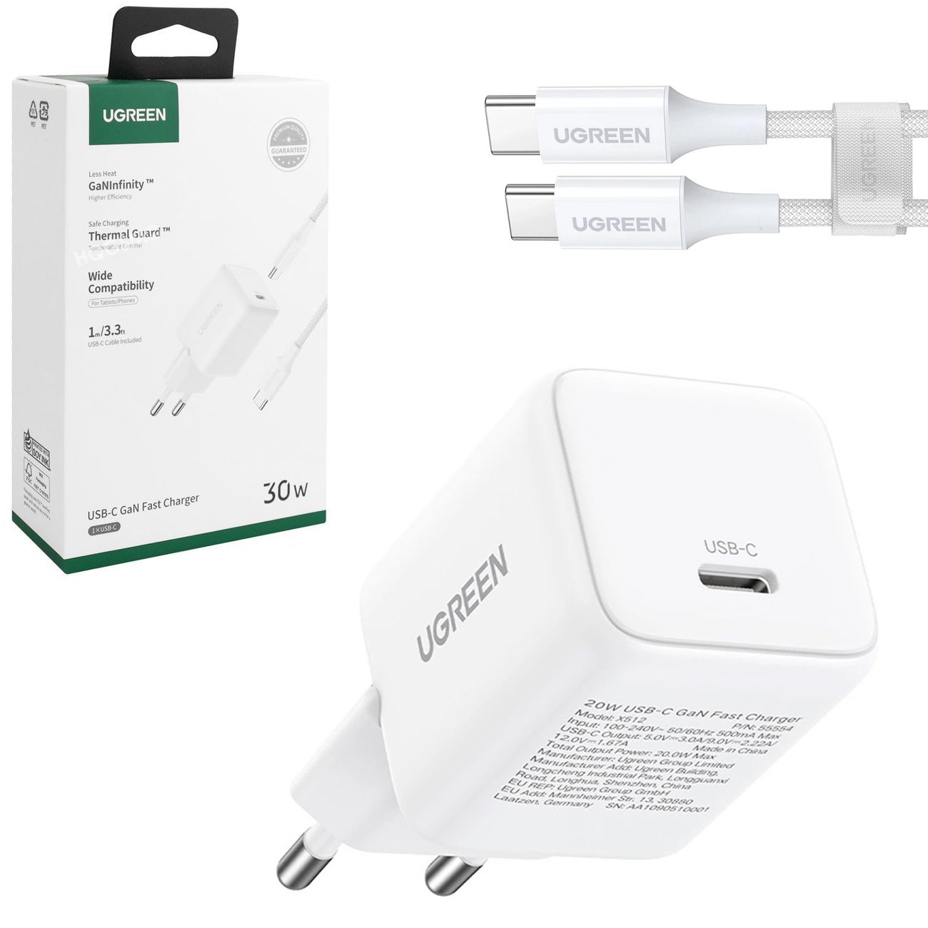 Ugreen | Ładowarka Sieciowa USB-C | GaN 30W | Biała + Kabel 1m