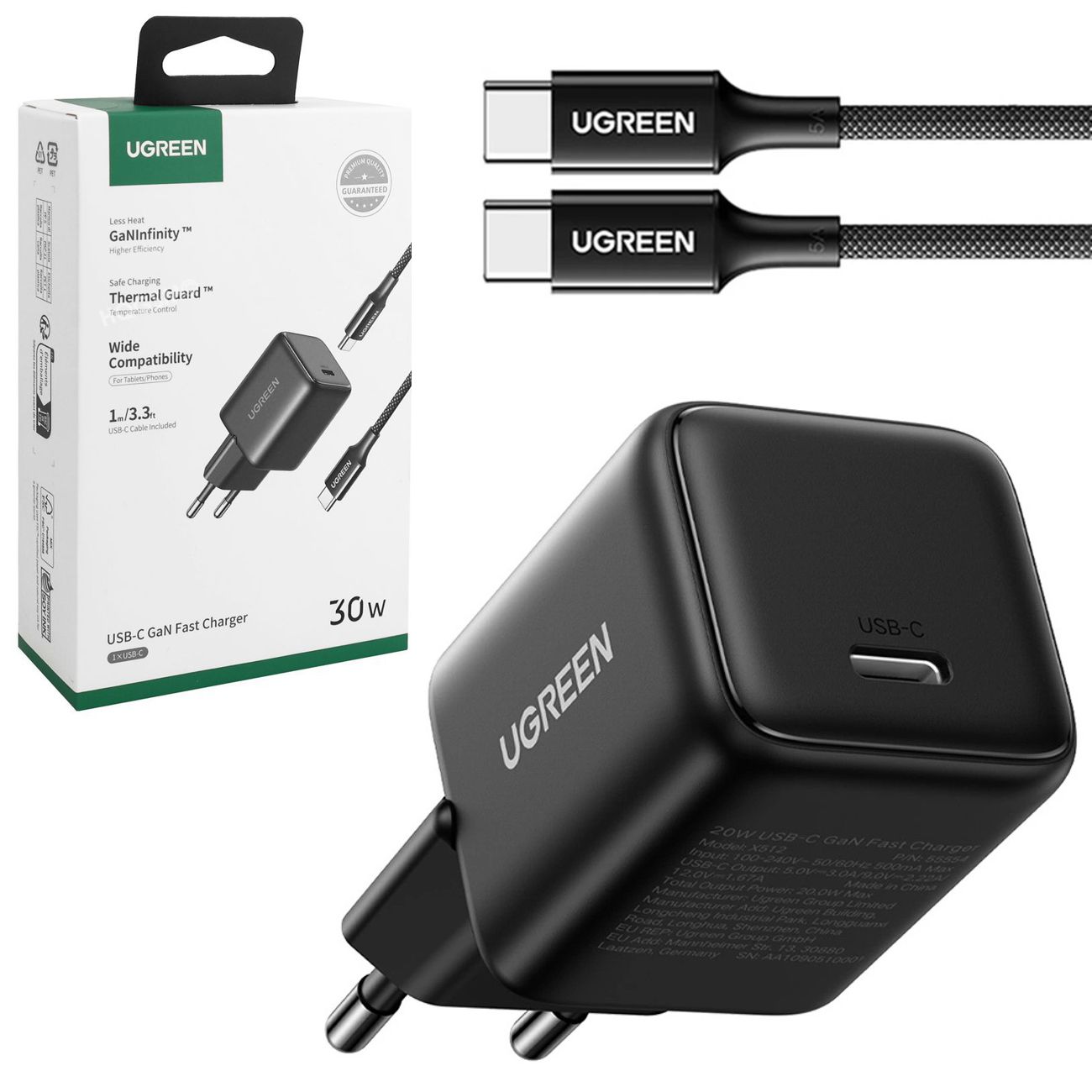 Ugreen | Ładowarka Sieciowa USB-C | GaN 30W | Czarna + Kabel 1m