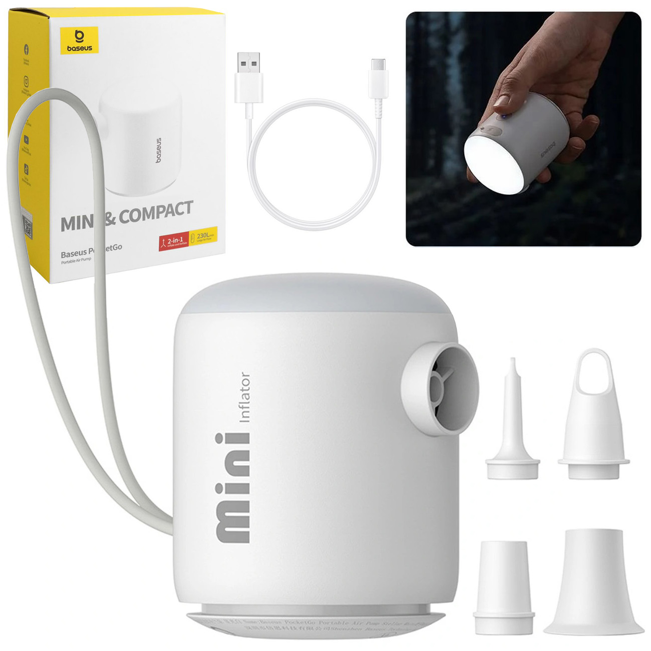 Baseus PocketGo | Bezprzewodowa Pompka Turystyczna z Wypompowywaniem + Lampka LED | 230l/min 3.5kPa