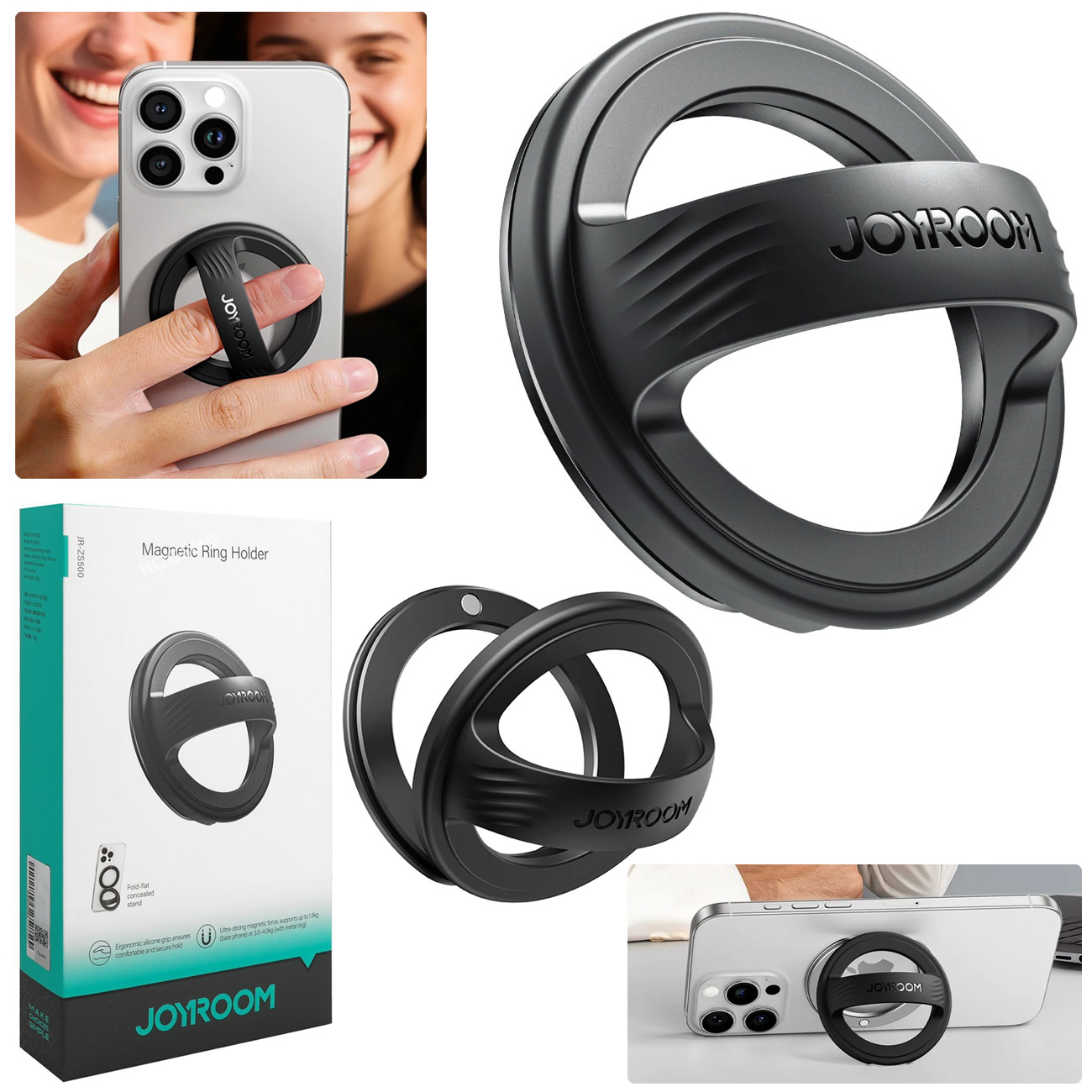 Joyroom | Magnetyczny Uchwyt Ring | Rozkładana Podstawka do Telefonu na MagSafe | Czarny