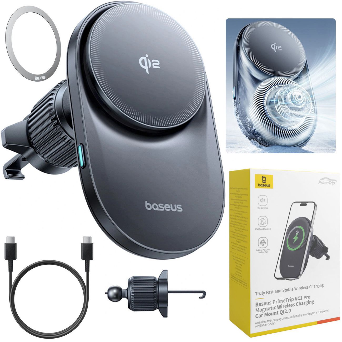 Baseus PrimeTrip VC1 Pro | Magnetyczny Uchwyt z Qi2 15W z Ładowaniem Bezprzewodowym | do Kratki