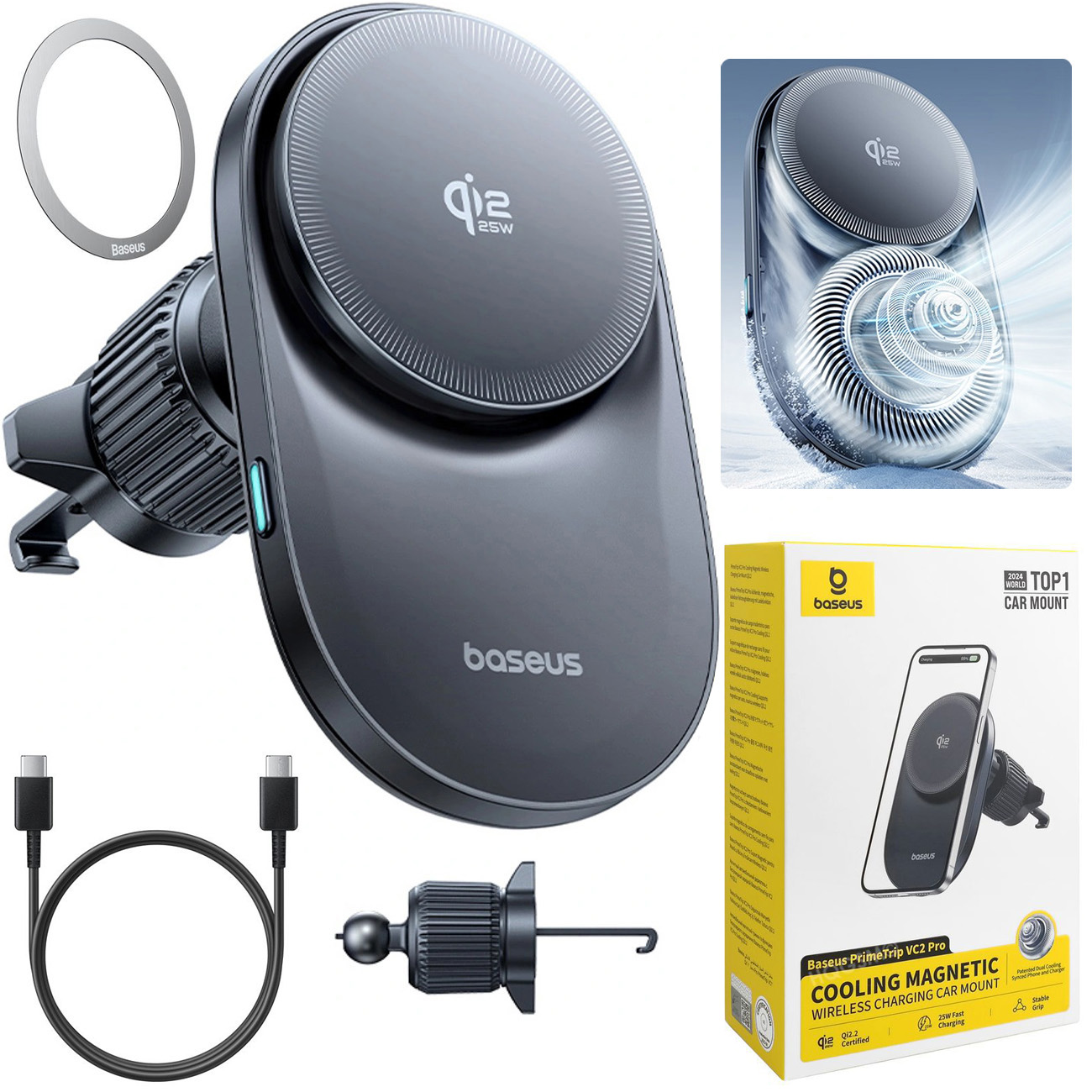 Baseus PrimeTrip VC2 Pro | Magnetyczny Uchwyt z Qi2.2 25W z Ładowaniem Bezprzewodowym | do Kratki