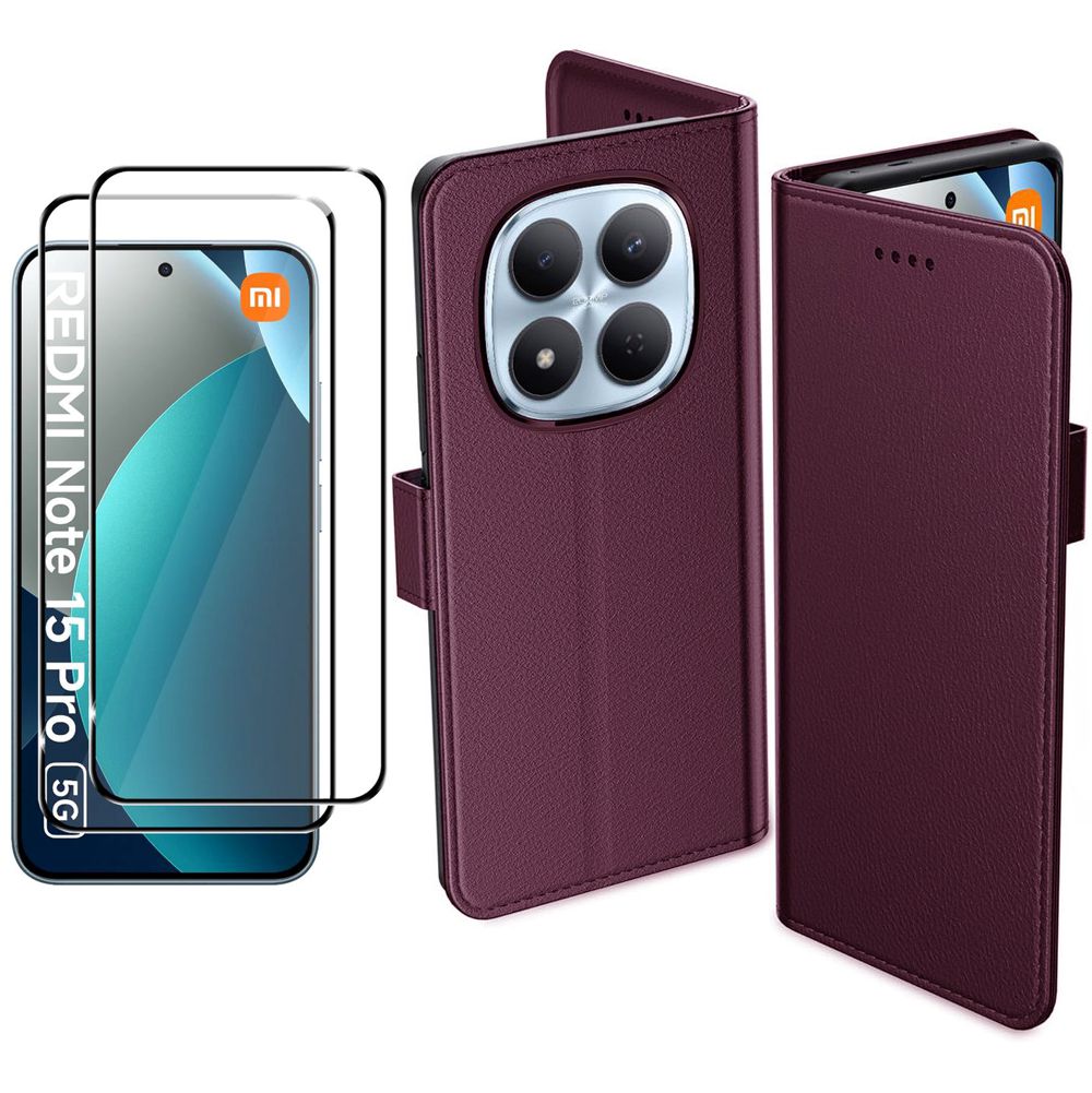Etui z Klapką Wallet Case | Bordowe + 2x SZKŁO 5D do Xiaomi Redmi Note 15 Pro 5G