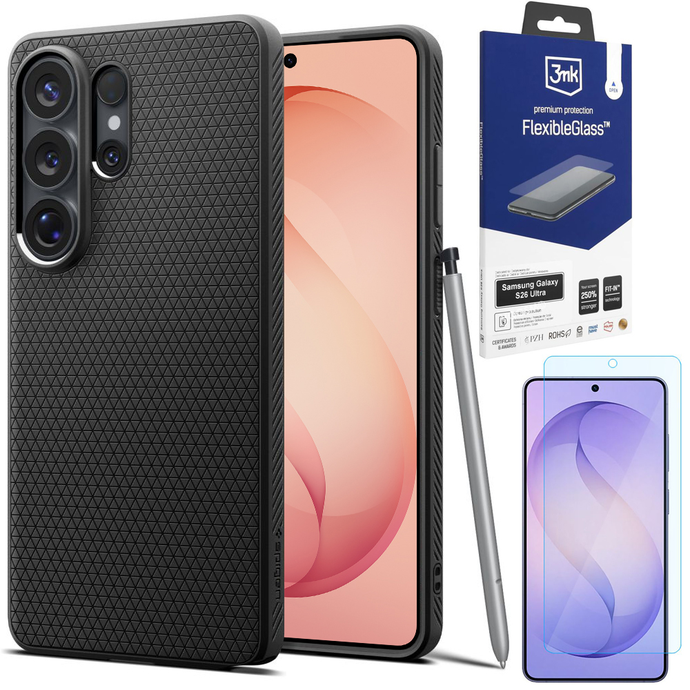 Etui SPIGEN Liquid Air | Matte Black + SZKŁO 3mk Flexible Glass do Samsung Galaxy S26 Ultra