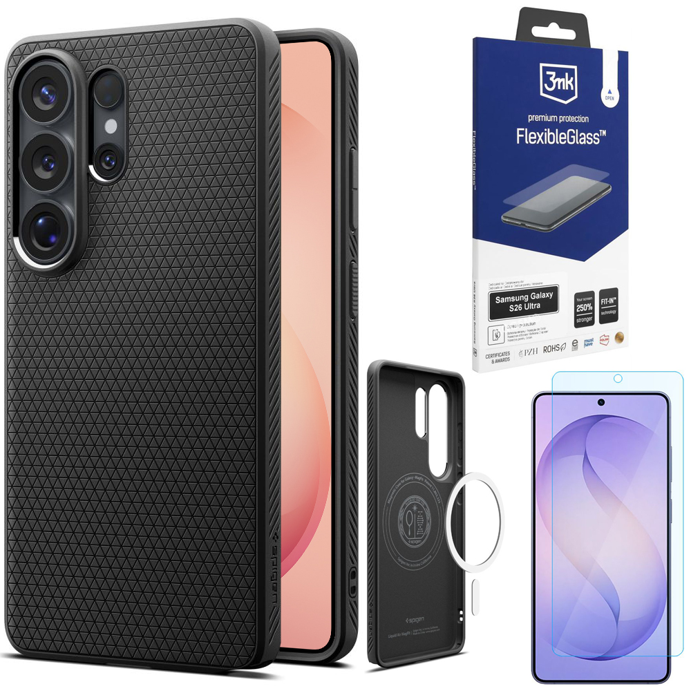 Etui SPIGEN Liquid Air MagSafe | Matte Black + SZKŁO 3mk Flexible Glass do Samsung Galaxy S26 Ultra