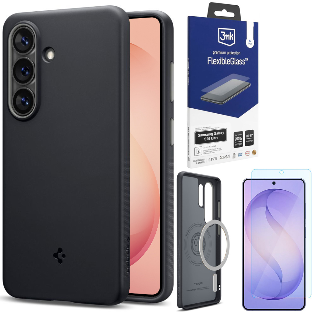 Etui SPIGEN Nano POP MagSafe | Black Sesame + SZKŁO 3mk Flexible Glass do Samsung Galaxy S26 Ultra