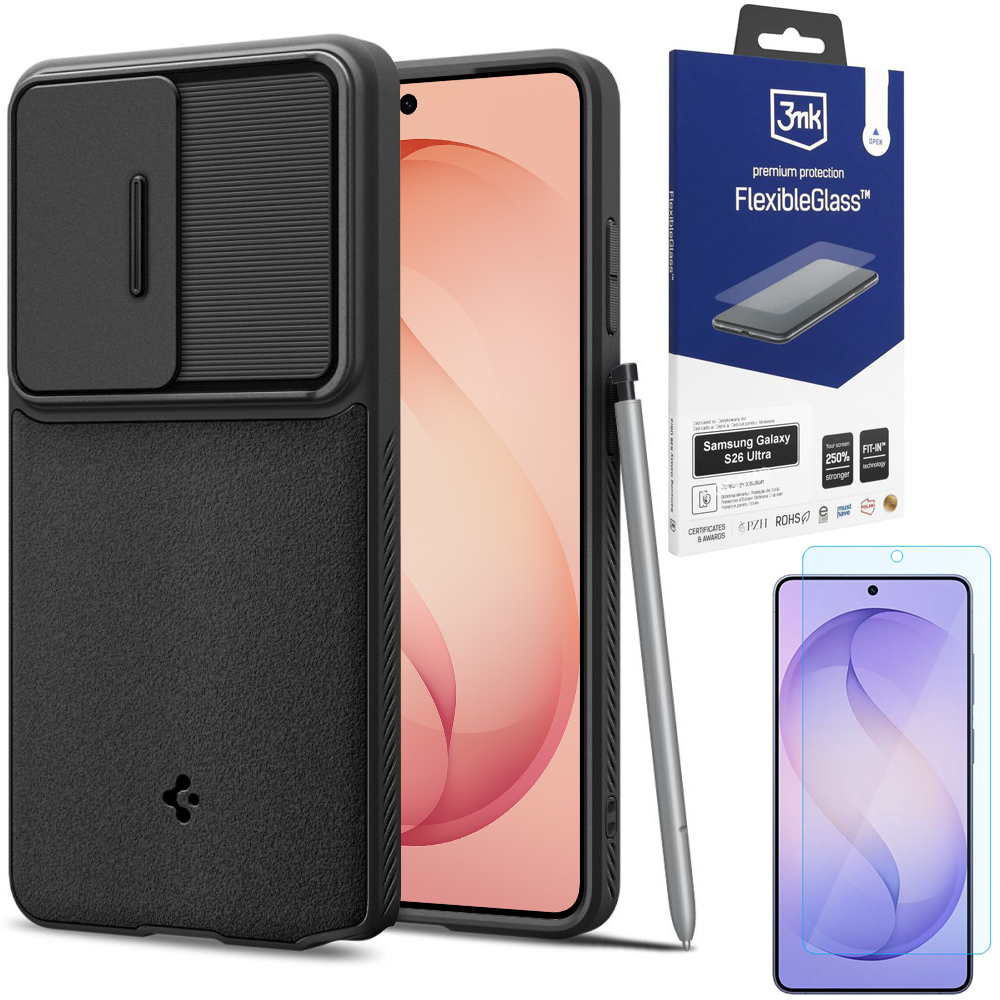 Etui SPIGEN Optik Armor | Black + SZKŁO 3mk Flexible Glass do Samsung Galaxy S26 Ultra