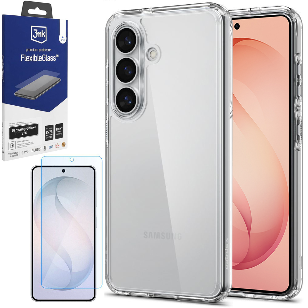 Etui SPIGEN Ultra Hybrid | Crystal Clear + SZKŁO 3mk Flexible Glass do Samsung Galaxy S26
