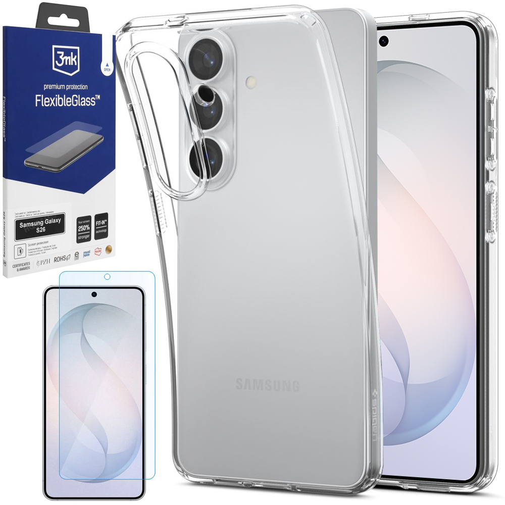 Etui SPIGEN Liquid Crystal | Crystal Clear + SZKŁO 3mk Flexible Glass do Samsung Galaxy S26