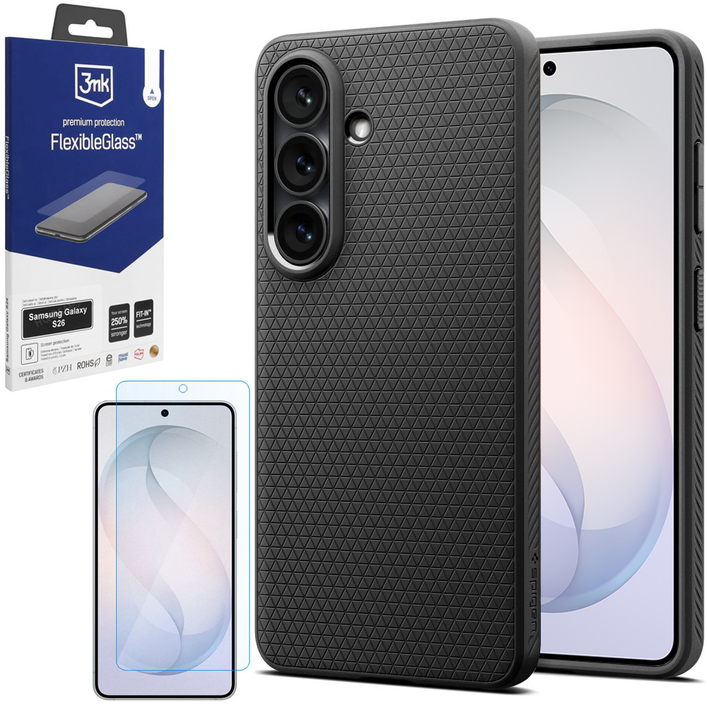 Etui SPIGEN Liquid Air | Matte Black + SZKŁO 3mk Flexible Glass do Samsung Galaxy S26