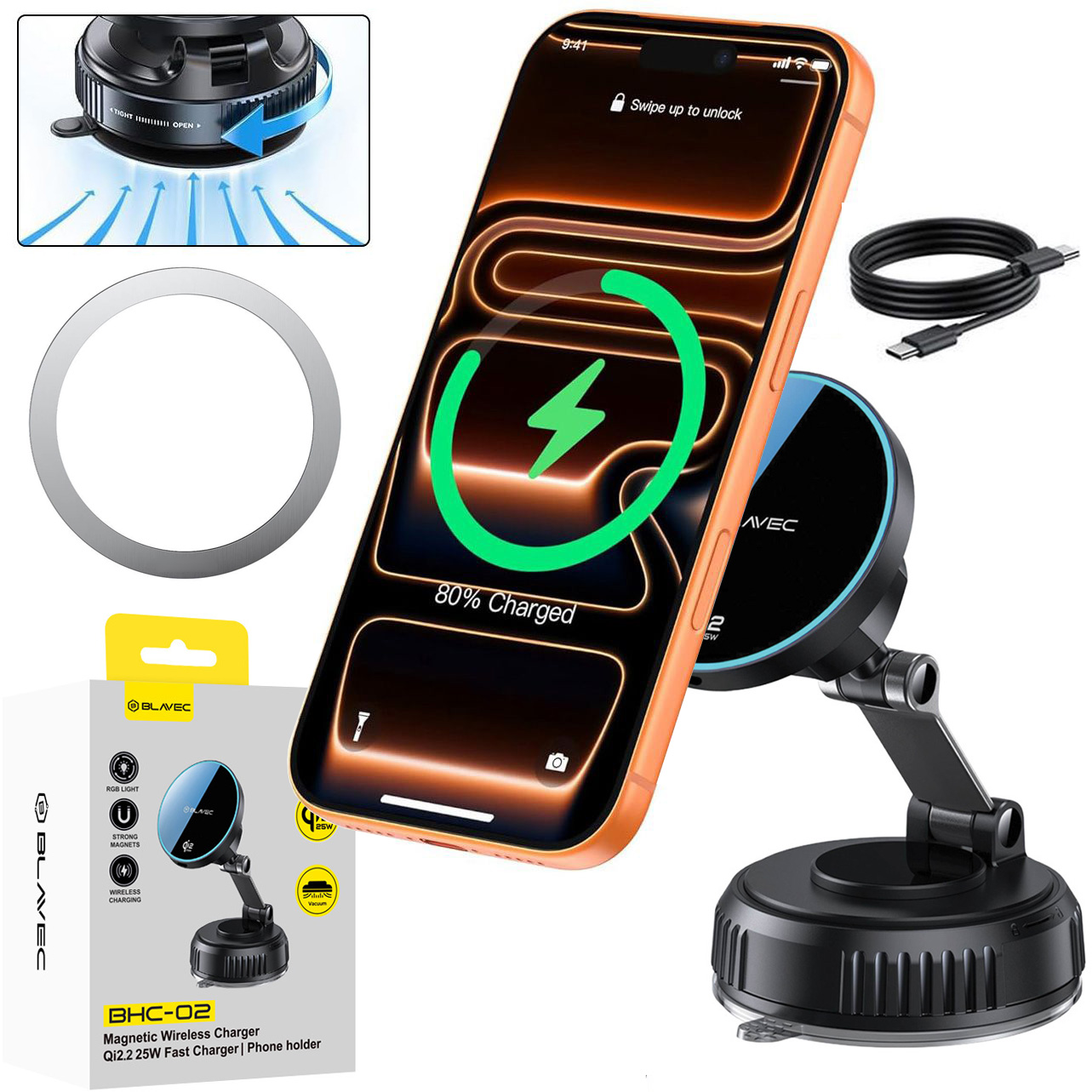 Blavec BHC-02 | Próżniowy Uchwyt Samochodowy Qi2.2 z Ładowaniem Bezprzewodowym 25W | na Kokpit