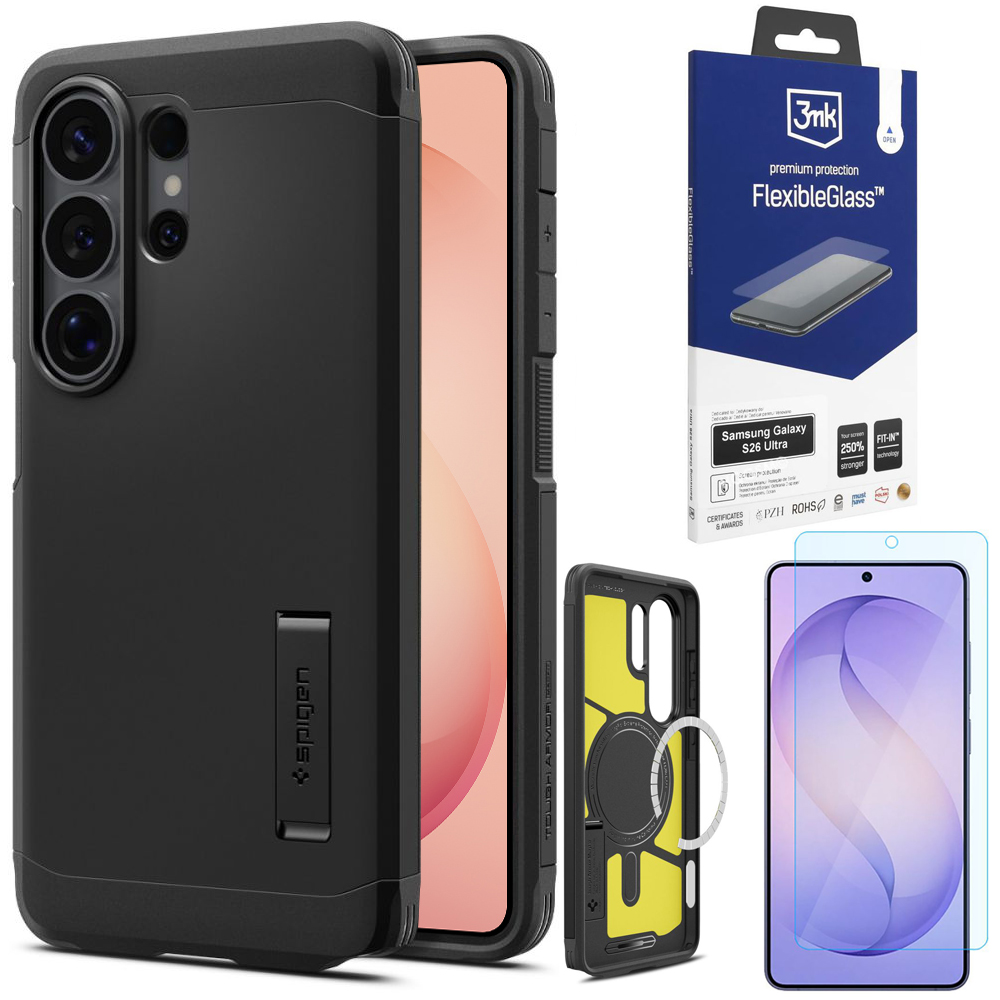 Pancerne Etui SPIGEN Tough Armor z MagSafe | Black + SZKŁO 3mk Flexible Glass do Samsung Galaxy S26 Ultra