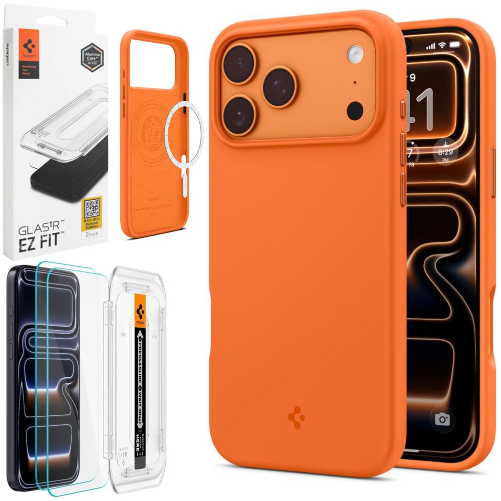 Etui SPIGEN Silicone Fit MagSafe | Cosmic Orange + 2x SZKŁO Spigen do Apple iPhone 17 Pro Max