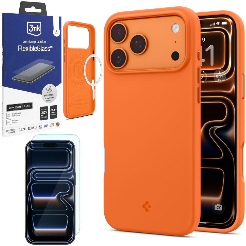 Etui SPIGEN Silicone Fit MagSafe | Cosmic Orange + SZKŁO 3mk do Apple iPhone 17 Pro Max
