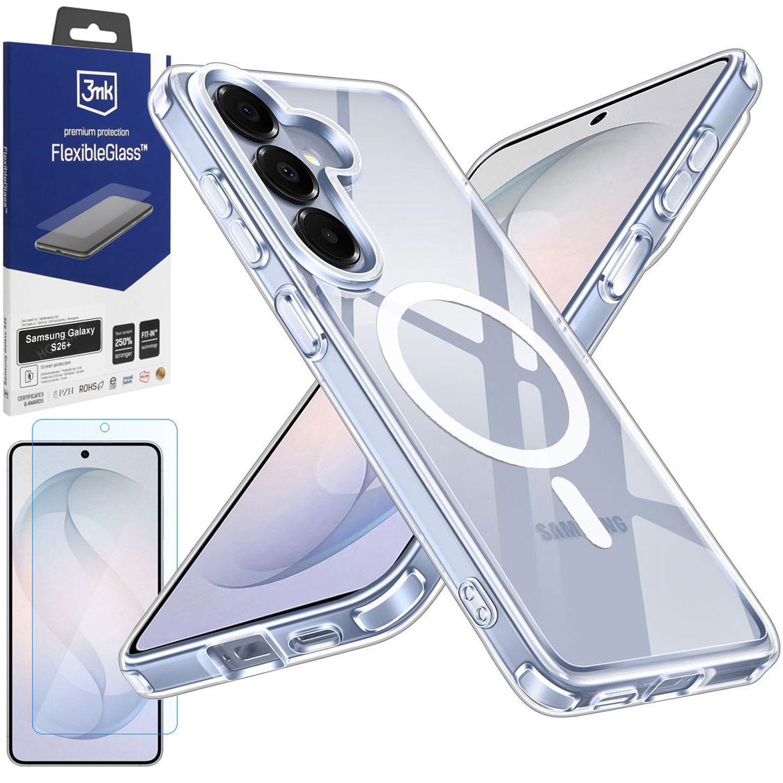 Pancerne Etui 3mk Armor Mag Case | Clear + SZKŁO 3mk Flexible Glass do Samsung Galaxy S26+ Plus