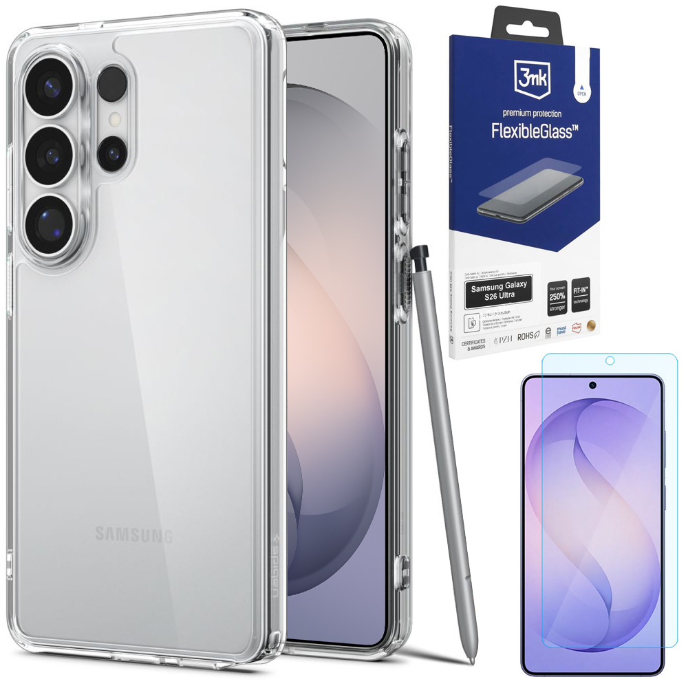 Etui SPIGEN Ultra Hybrid | Crystal Clear + SZKŁO 3mk Flexible Glass do Samsung Galaxy S26 Ultra