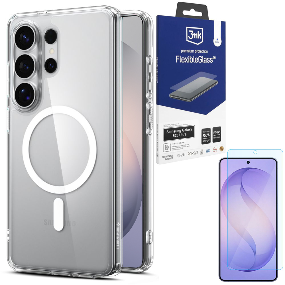 Etui SPIGEN Ultra Hybrid MagSafe | Clear White + SZKŁO 3mk Flexible Glass do Samsung Galaxy S26 Ultra