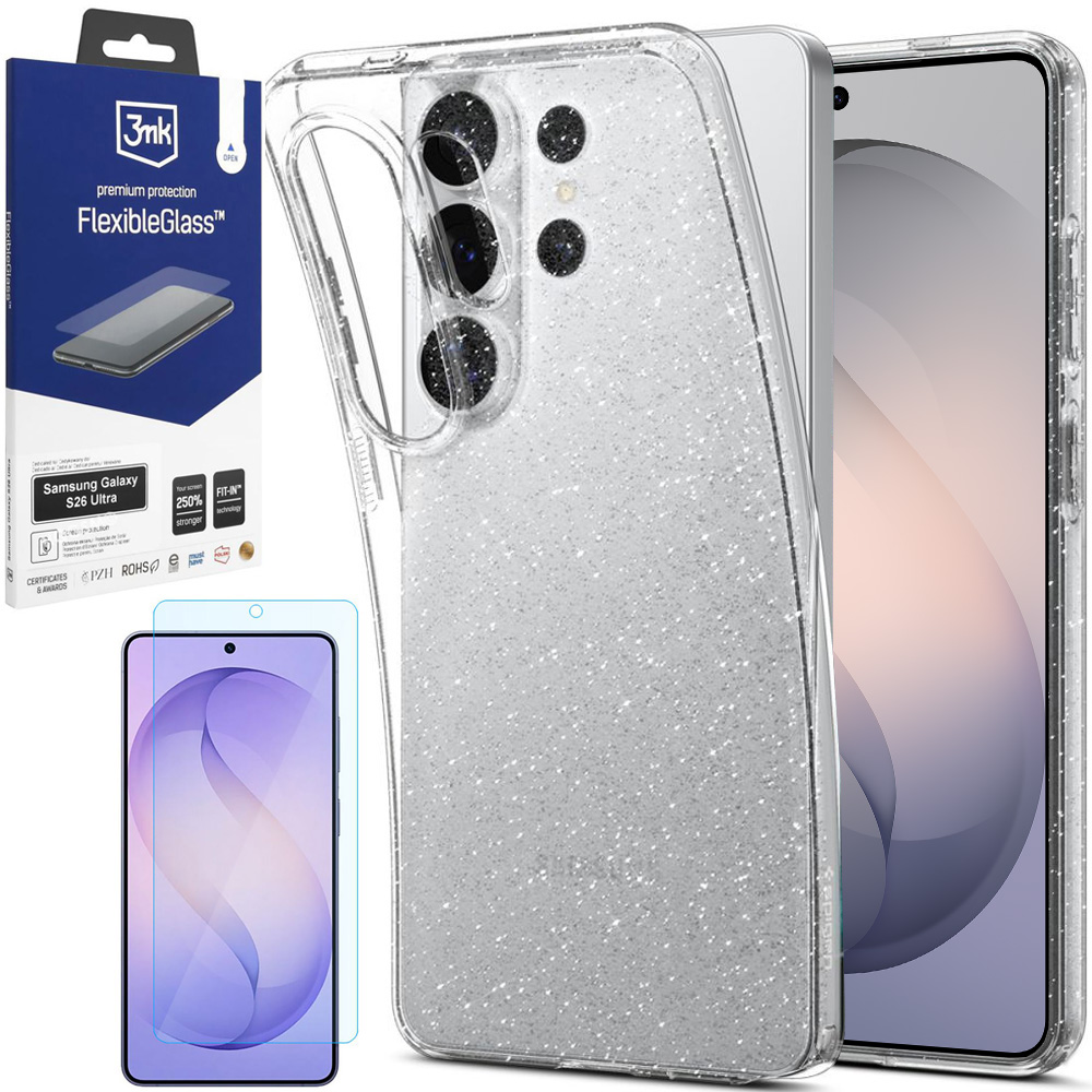 Etui SPIGEN Liquid Crystal Glitter | Crystal Quartz + SZKŁO 3mk Flexible Glass do Samsung Galaxy S26 Ultra