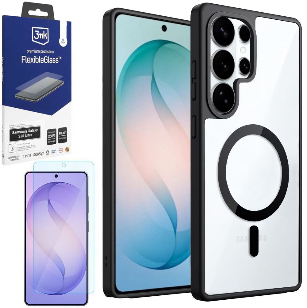 Etui Hybrydowe Magnetic Case | Clear Black + SZKŁO 3mk Flexible Glass do Samsung Galaxy S26 Ultra