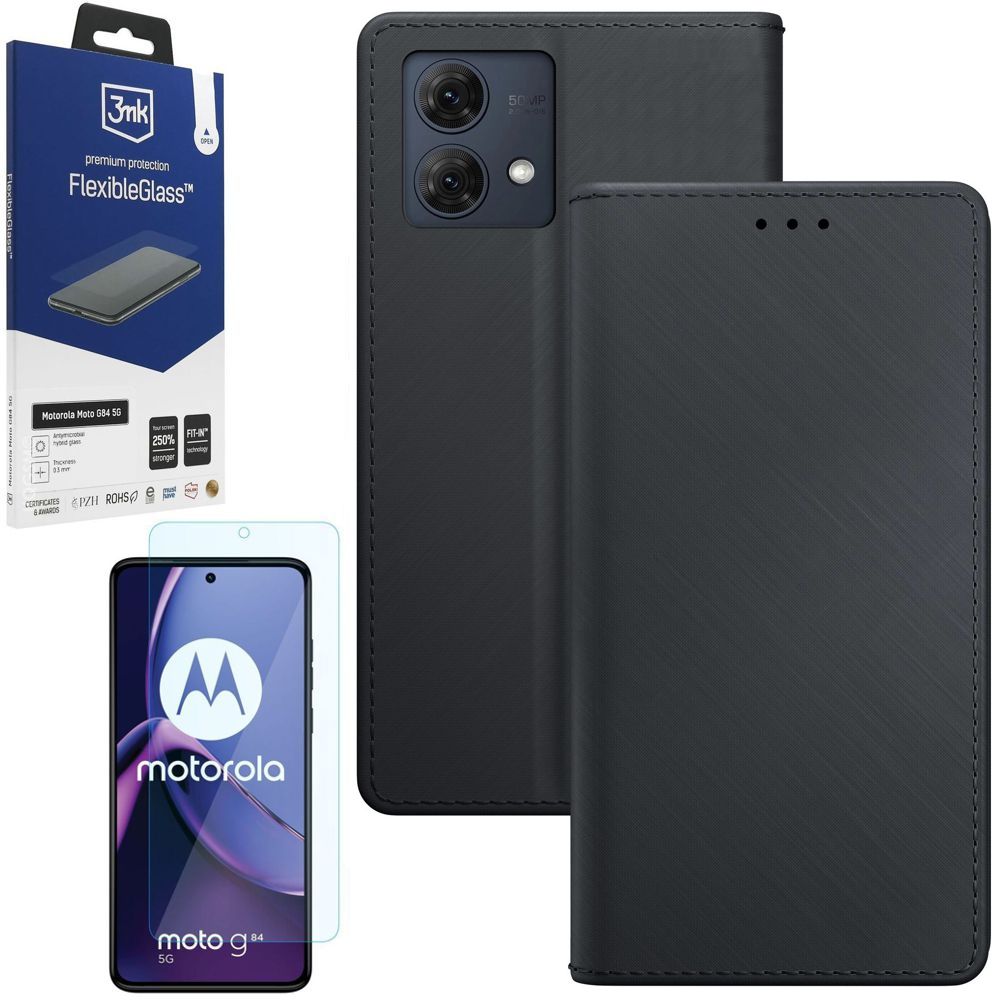 Zamykane Etui z Klapką | 3mk Wallet Case | Czarne + SZKŁO 3mk do Motorola Moto G84 5G