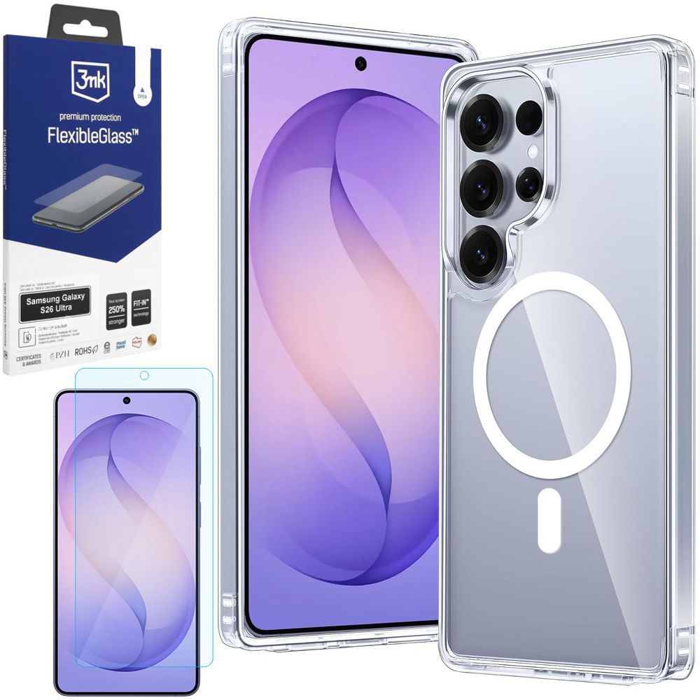 Pancerne Etui 3mk Armor Mag Case | Clear + SZKŁO 3mk Flexible Glass do Samsung Galaxy S26 Ultra