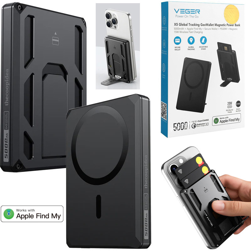 Veger X5 GeoWallet | Magnetyczny Powerbank 5000mAh 20W + Porfel Apple Find My | MFI | Black