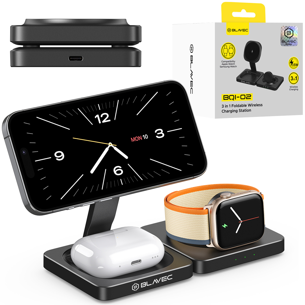 Blavec BQI-02 | Składana Ładowarka Bezprzewodowa 3w1 | Magnetyczna 15W | Czarna