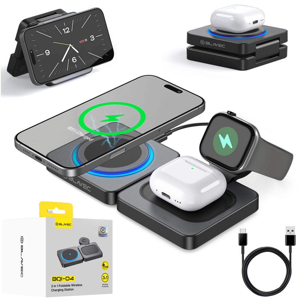 Blavec BQI-04 | Składana Ładowarka Bezprzewodowa 3w1 | MagSafe 15W | Czarna
