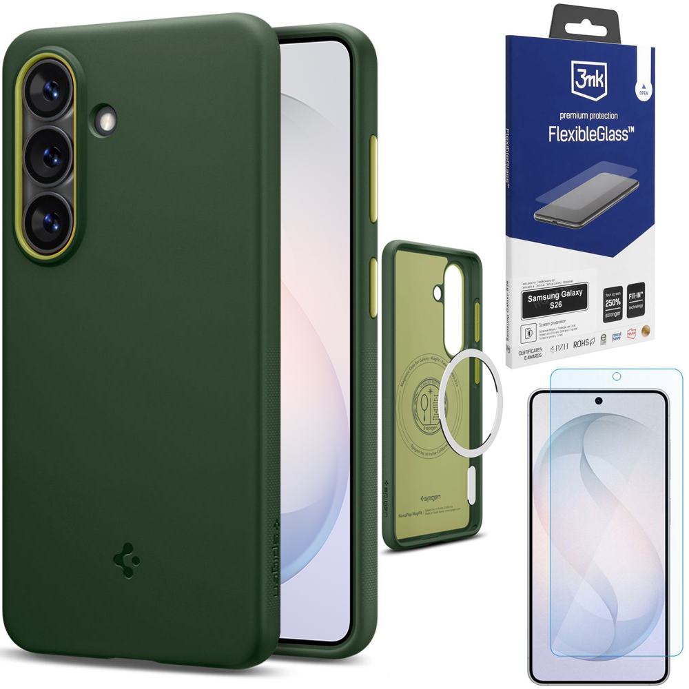Etui SPIGEN Nano POP MagSafe | Avo Green + SZKŁO 3mk Flexible Glass do Samsung Galaxy S26