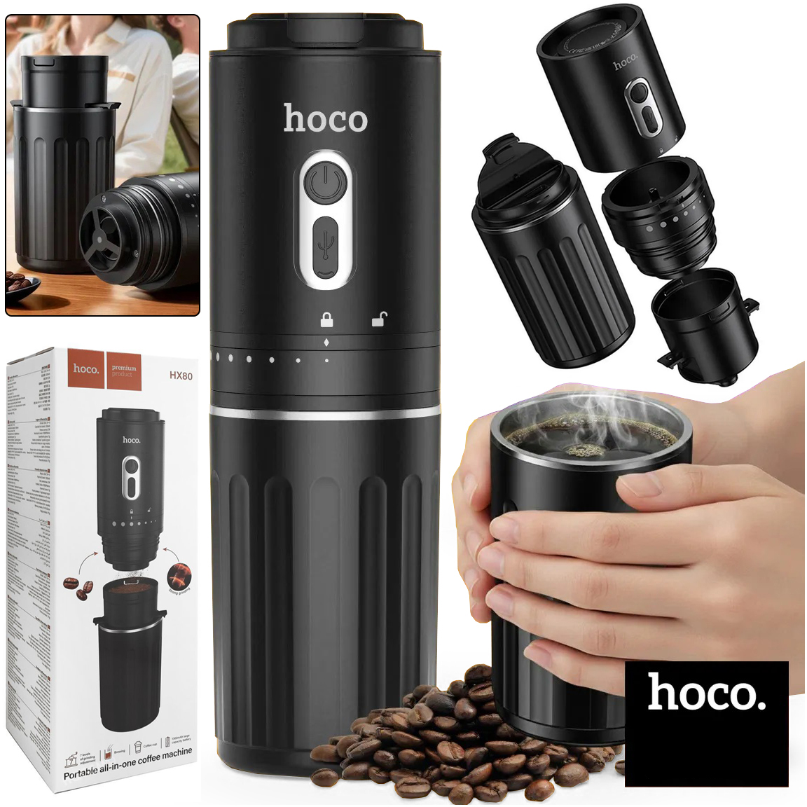 Hoco Presso | Podróżny Młynek Ekspres do Kawy z Kubkiem | Czarny