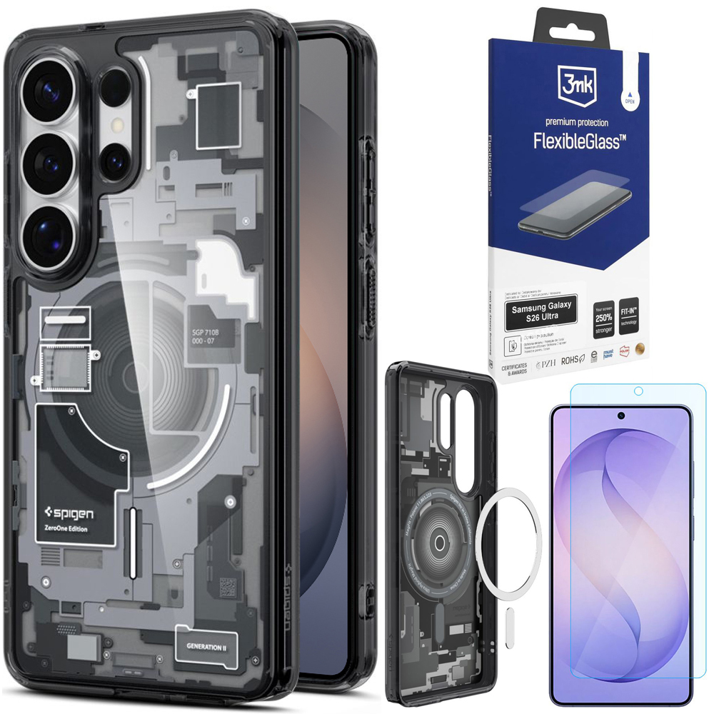 Etui SPIGEN Ultra Hybrid | Zero One Black + SZKŁO 3mk Flexible Glass do Samsung Galaxy S26 Ultra