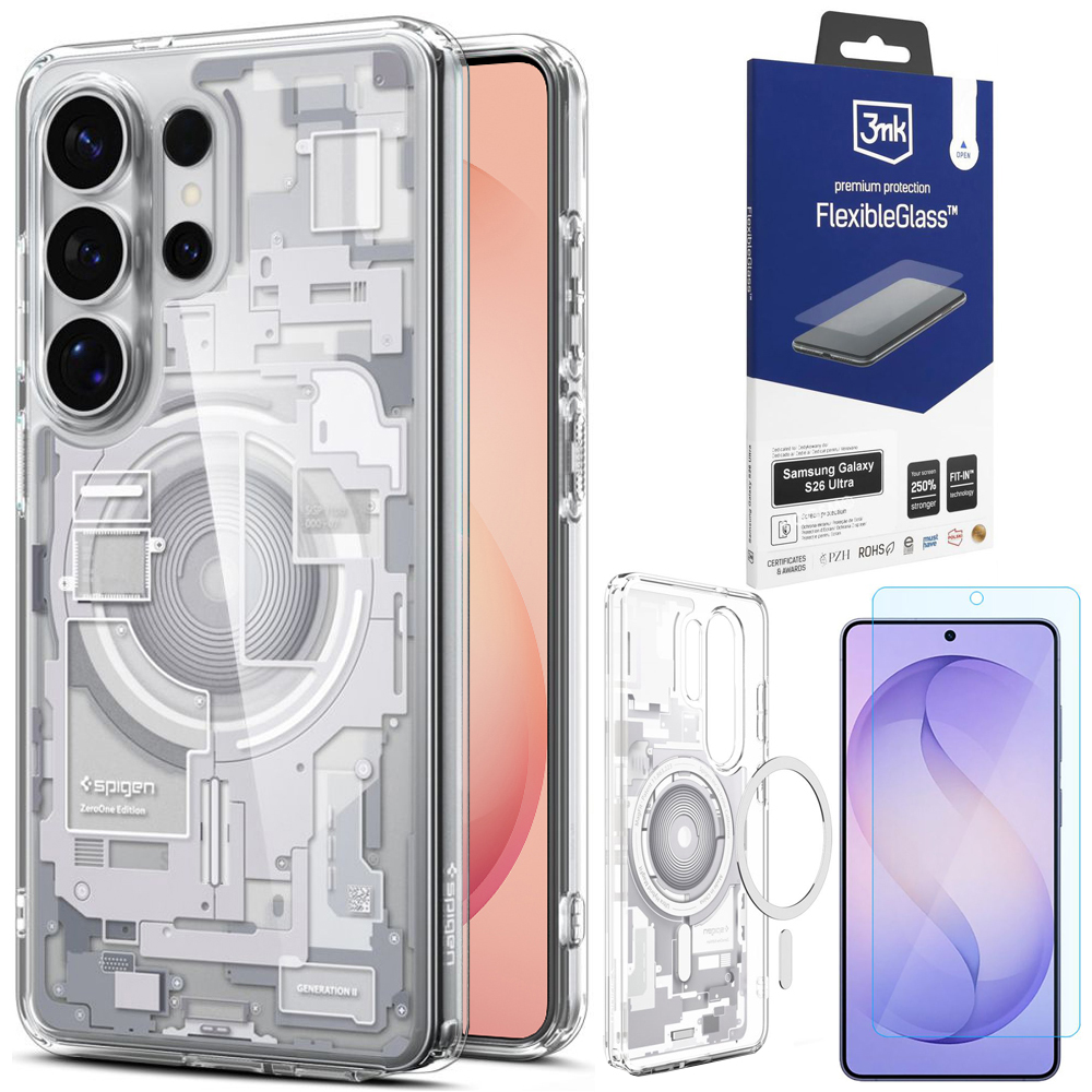 Etui SPIGEN Ultra Hybrid | Zero One White + SZKŁO 3mk Flexible Glass do Samsung Galaxy S26 Ultra