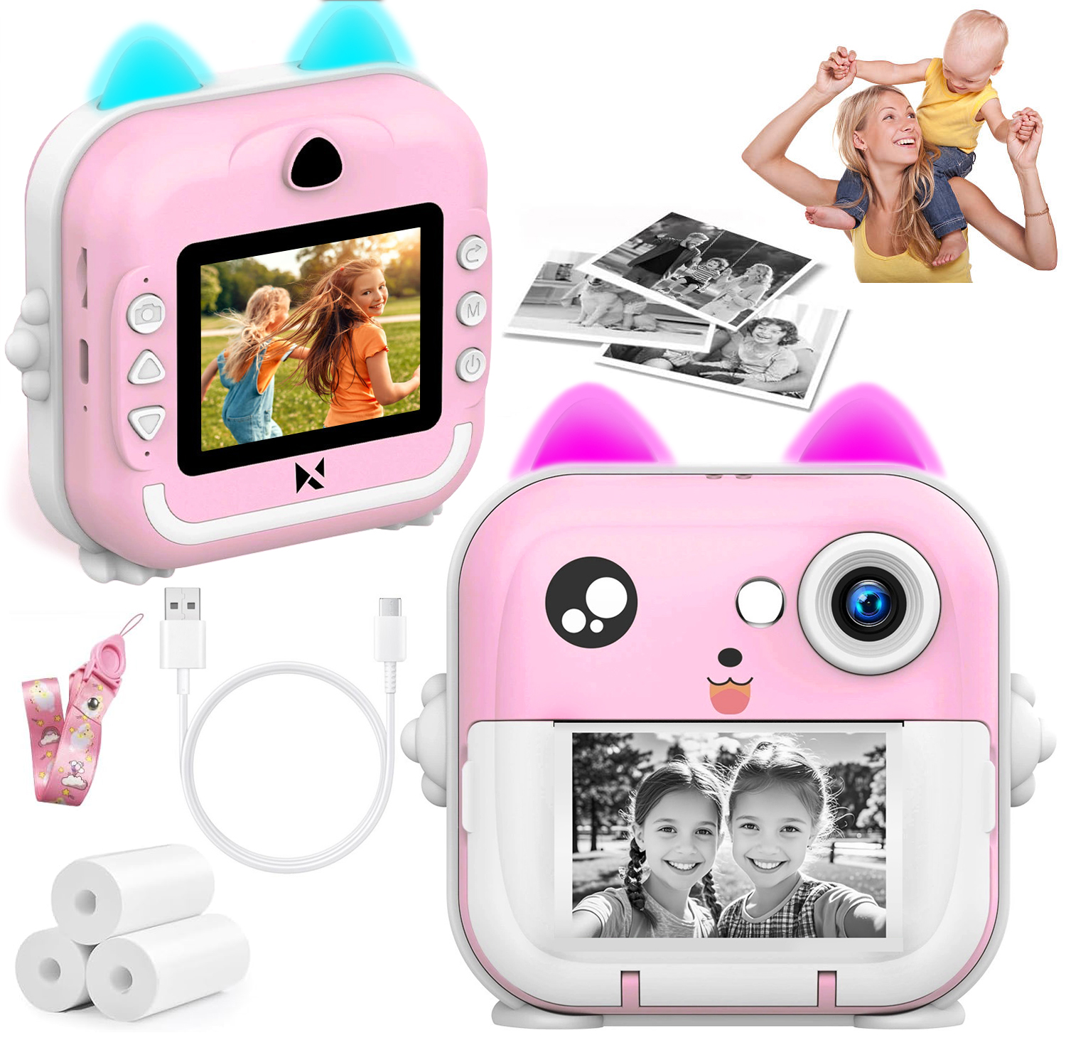 Drukuś | Aparat Natychmiastowy dla Dzieci Fotograficzny + Mini Drukarka | Kamera Gry | Różowy