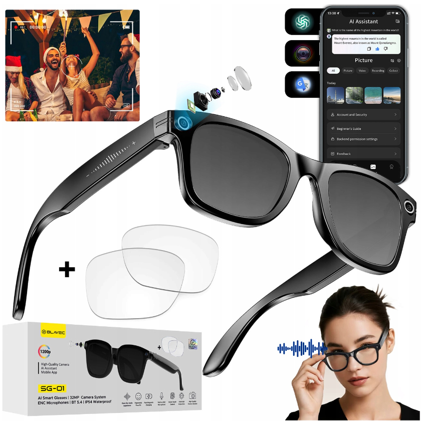 Blavec Smart Glasses | Inteligentne Okulary AI z Kamerą HD i Mikrofonem