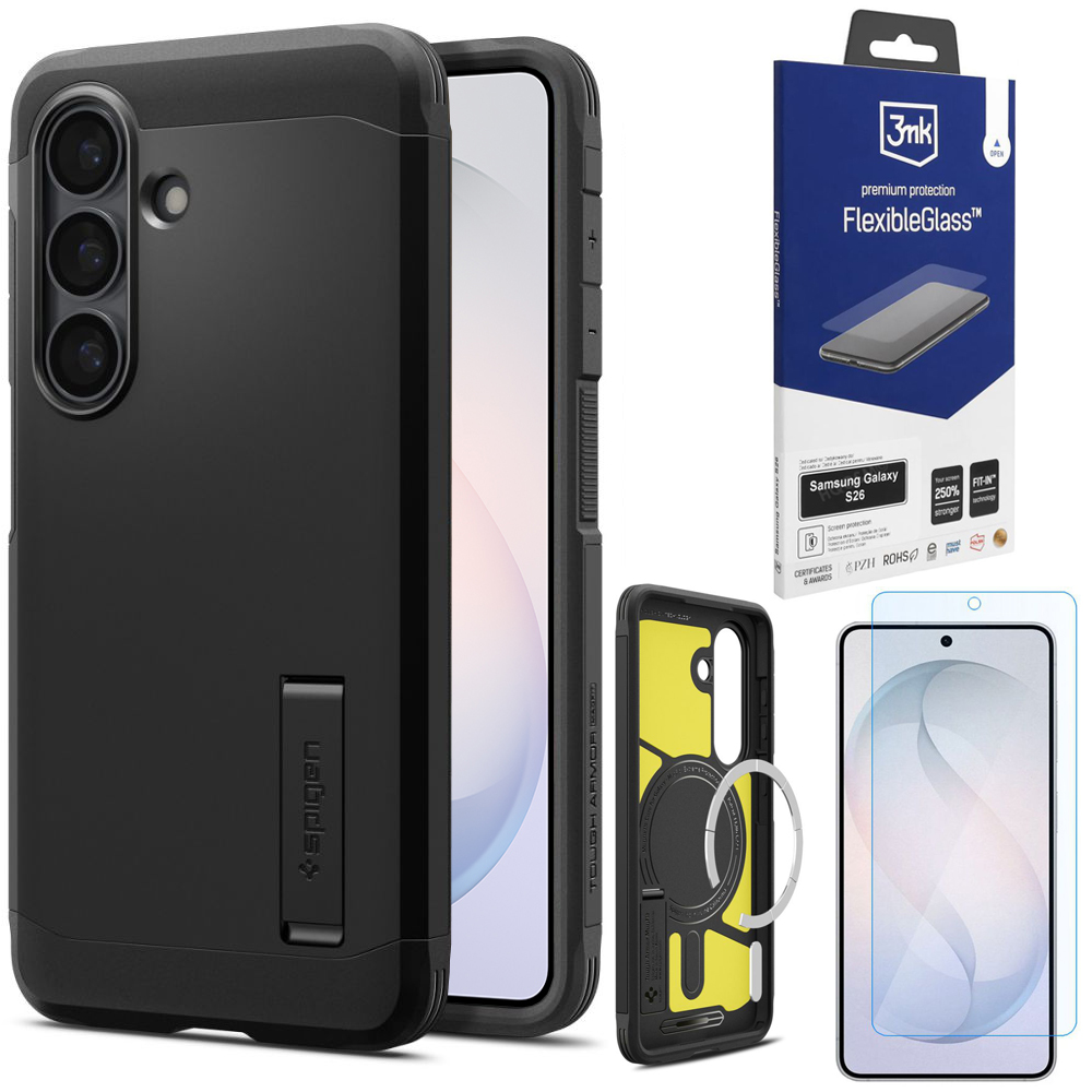 Pancerne Etui SPIGEN Tough Armor z MagSafe | Black + SZKŁO 3mk Flexible Glass do Samsung Galaxy S26