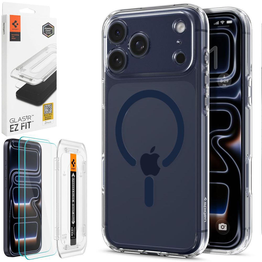 Etui SPIGEN Ultra Hybrid MagSafe | Clear Deep Blue + 2x SZKŁO Spigen do Apple iPhone 17 Pro Max