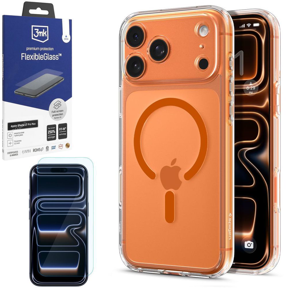 Etui SPIGEN Ultra Hybrid MagSafe | Clear Orange + SZKŁO 3mk do Apple iPhone 17 Pro Max
