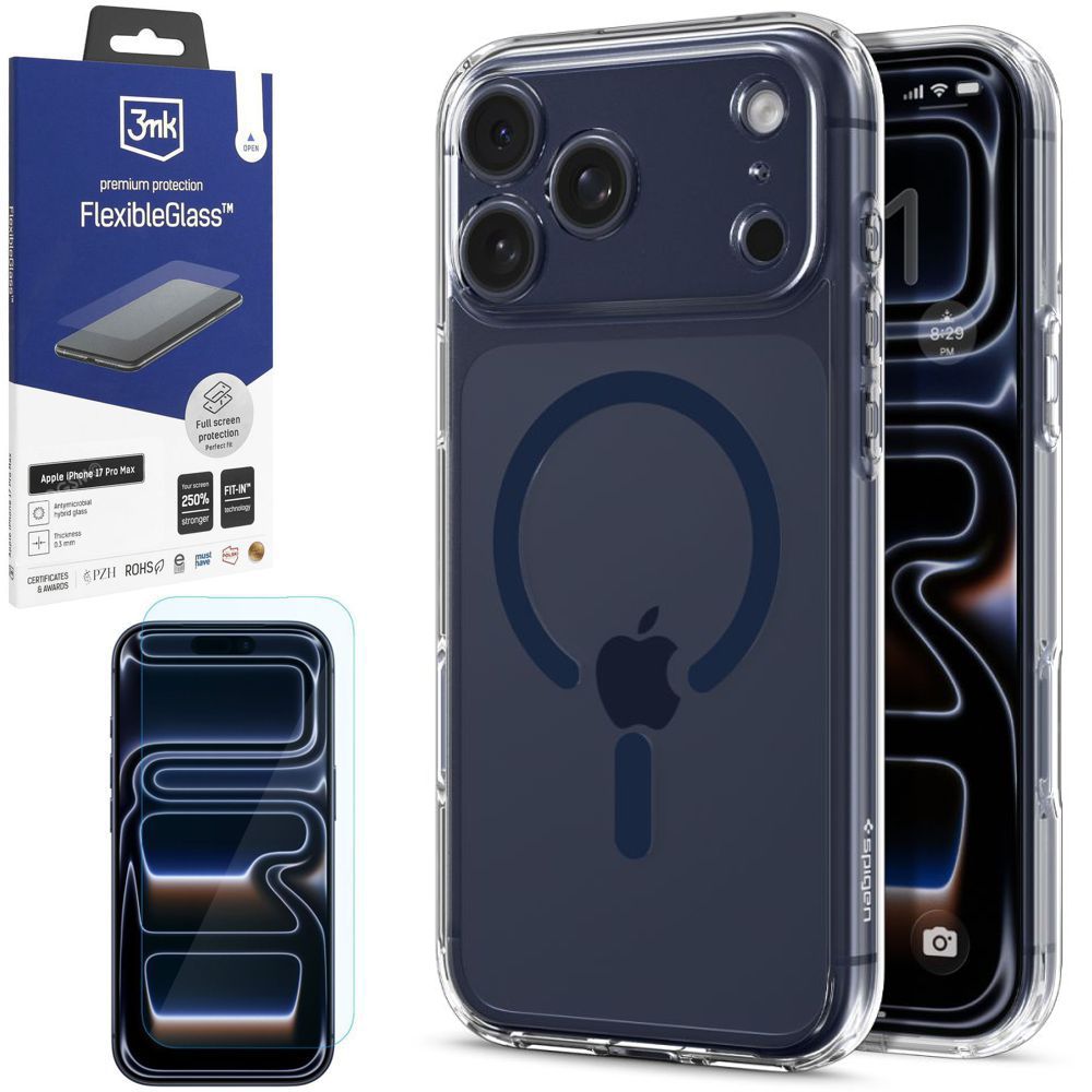 Etui SPIGEN Ultra Hybrid MagSafe | Clear Deep Blue + SZKŁO 3mk do Apple iPhone 17 Pro Max
