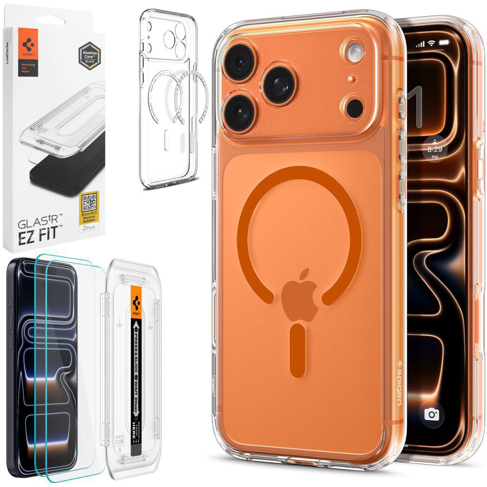 Etui SPIGEN Ultra Hybrid MagSafe | Clear Orange + 2x SZKŁO Spigen do Apple iPhone 17 Pro
