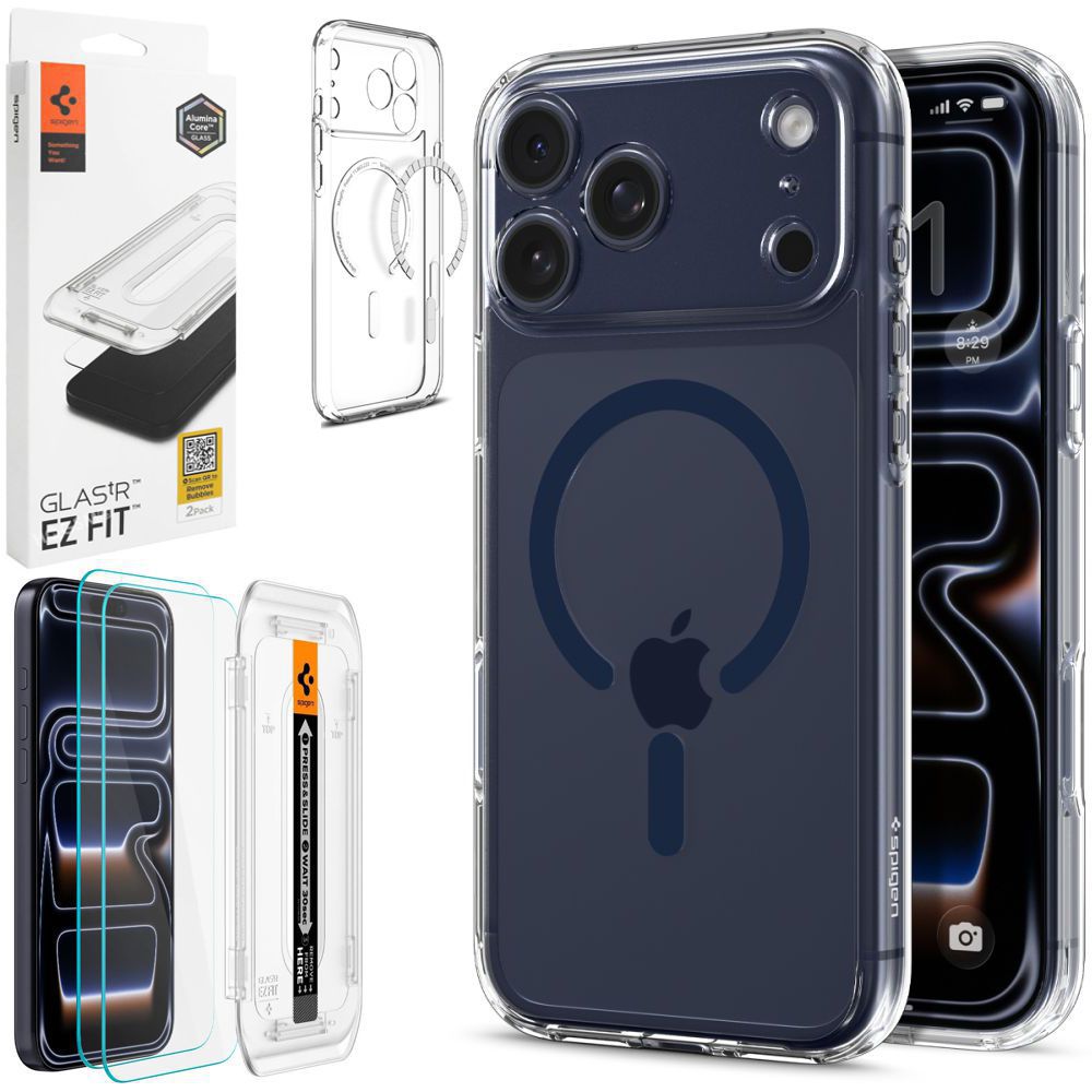 Etui SPIGEN Ultra Hybrid MagSafe | Clear Deep Blue + 2x SZKŁO Spigen do Apple iPhone 17 Pro