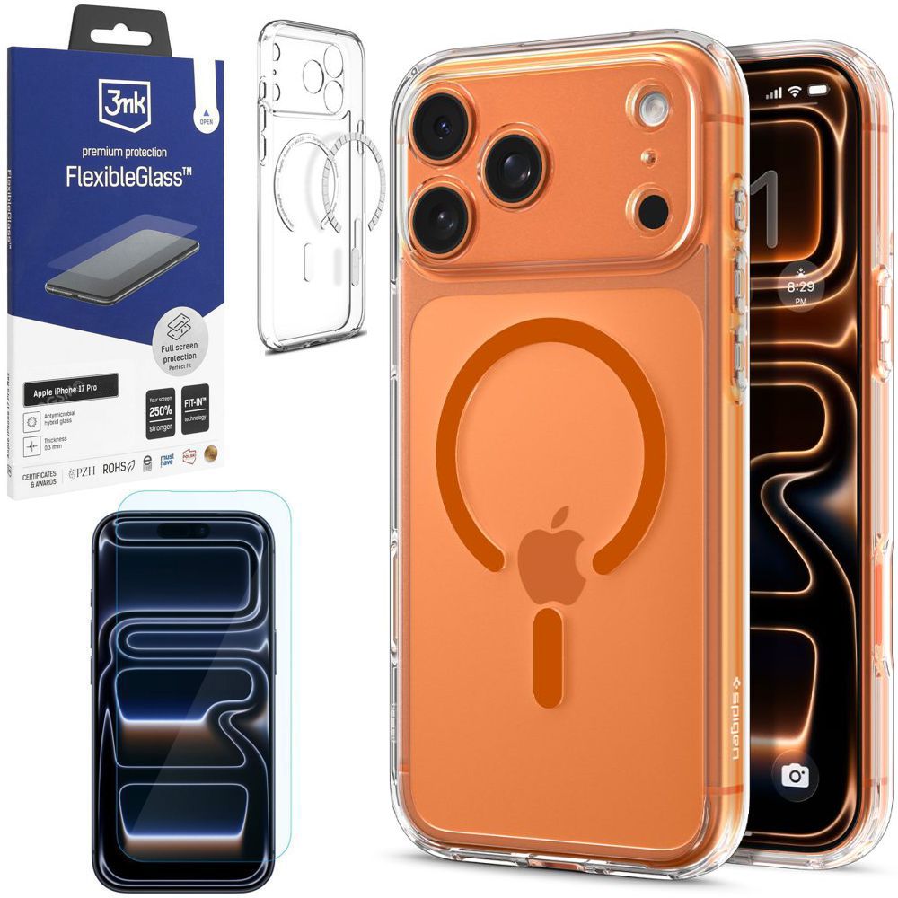 Etui SPIGEN Ultra Hybrid MagSafe | Clear Orange + SZKŁO 3mk do Apple iPhone 17 Pro
