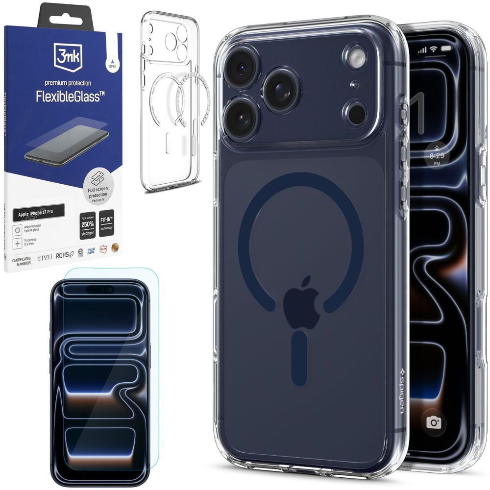 Etui SPIGEN Ultra Hybrid MagSafe | Clear Deep Blue + SZKŁO 3mk do Apple iPhone 17 Pro