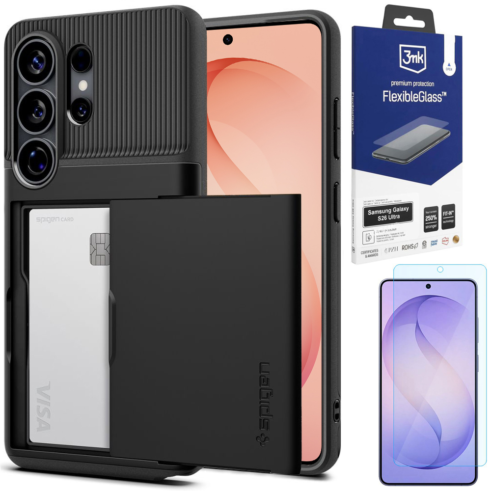 Pancerne Etui SPIGEN Slim Armor CS | Black + SZKŁO 3mk Flexible Glass do Samsung Galaxy S26 Ultra