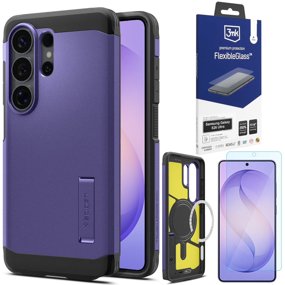 Pancerne Etui SPIGEN Tough Armor z MagSafe | Ash Violet + SZKŁO 3mk Flexible Glass do Samsung Galaxy S26 Ultra