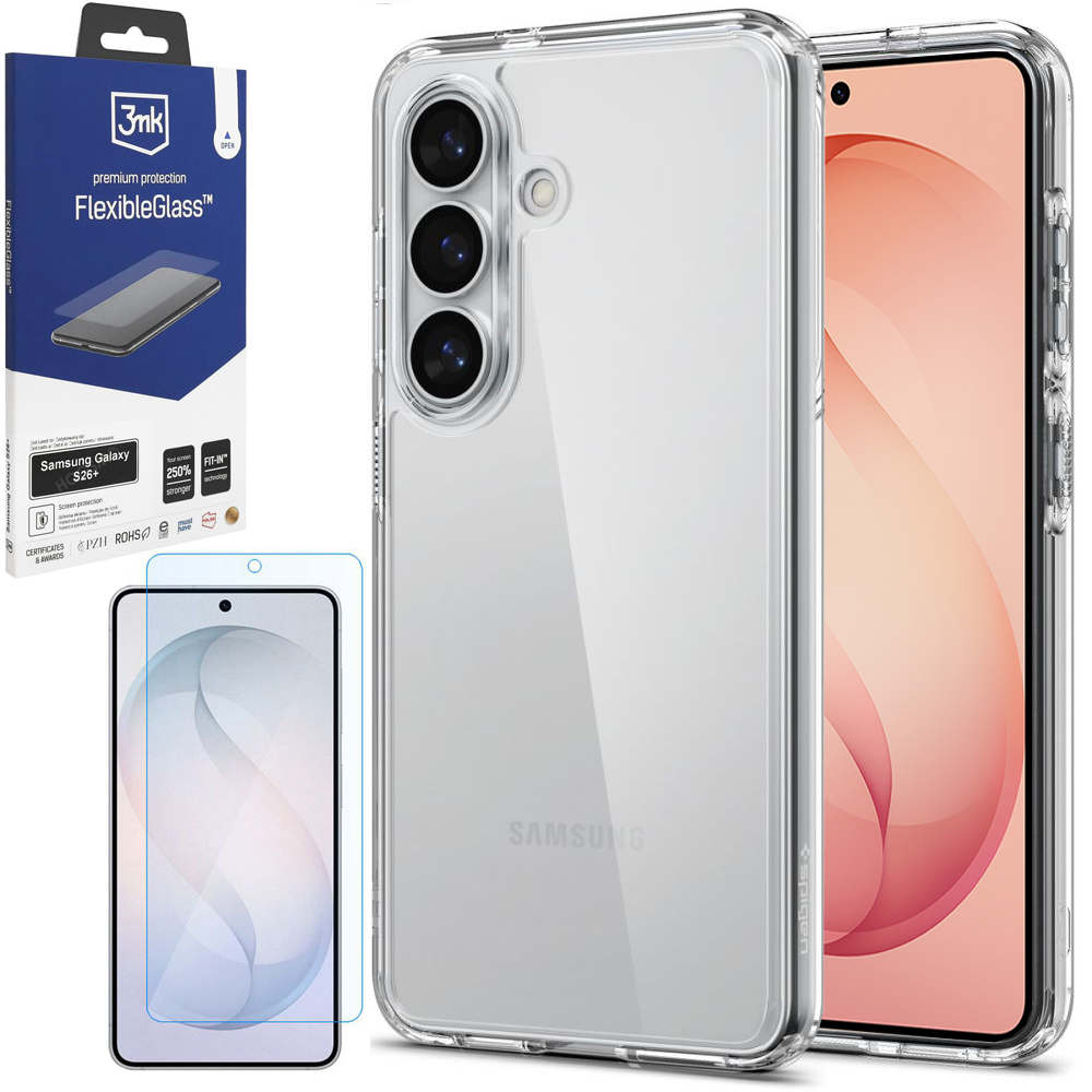 Etui SPIGEN Ultra Hybrid | Crystal Clear + SZKŁO 3mk Flexible Glass do Samsung Galaxy S26+ Plus