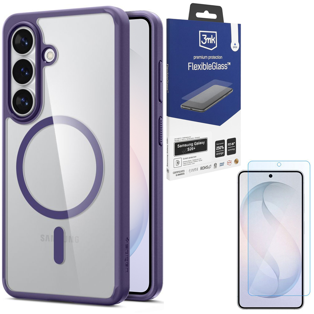 Etui SPIGEN Ultra Hybrid MagSafe | Deep Purple + SZKŁO 3mk Flexible Glass do Samsung Galaxy S26+ Plus