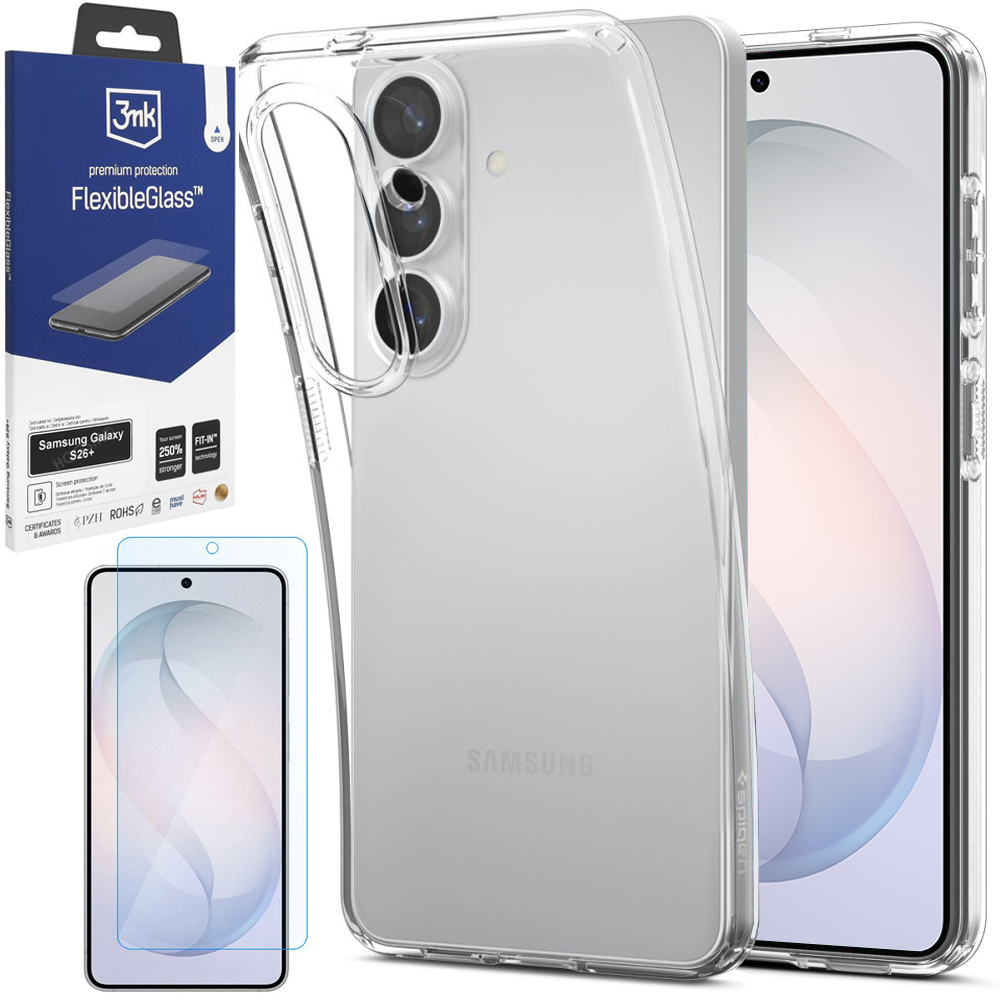 Etui SPIGEN Liquid Crystal | Crystal Clear + SZKŁO 3mk Flexible Glass do Samsung Galaxy S26+ Plus