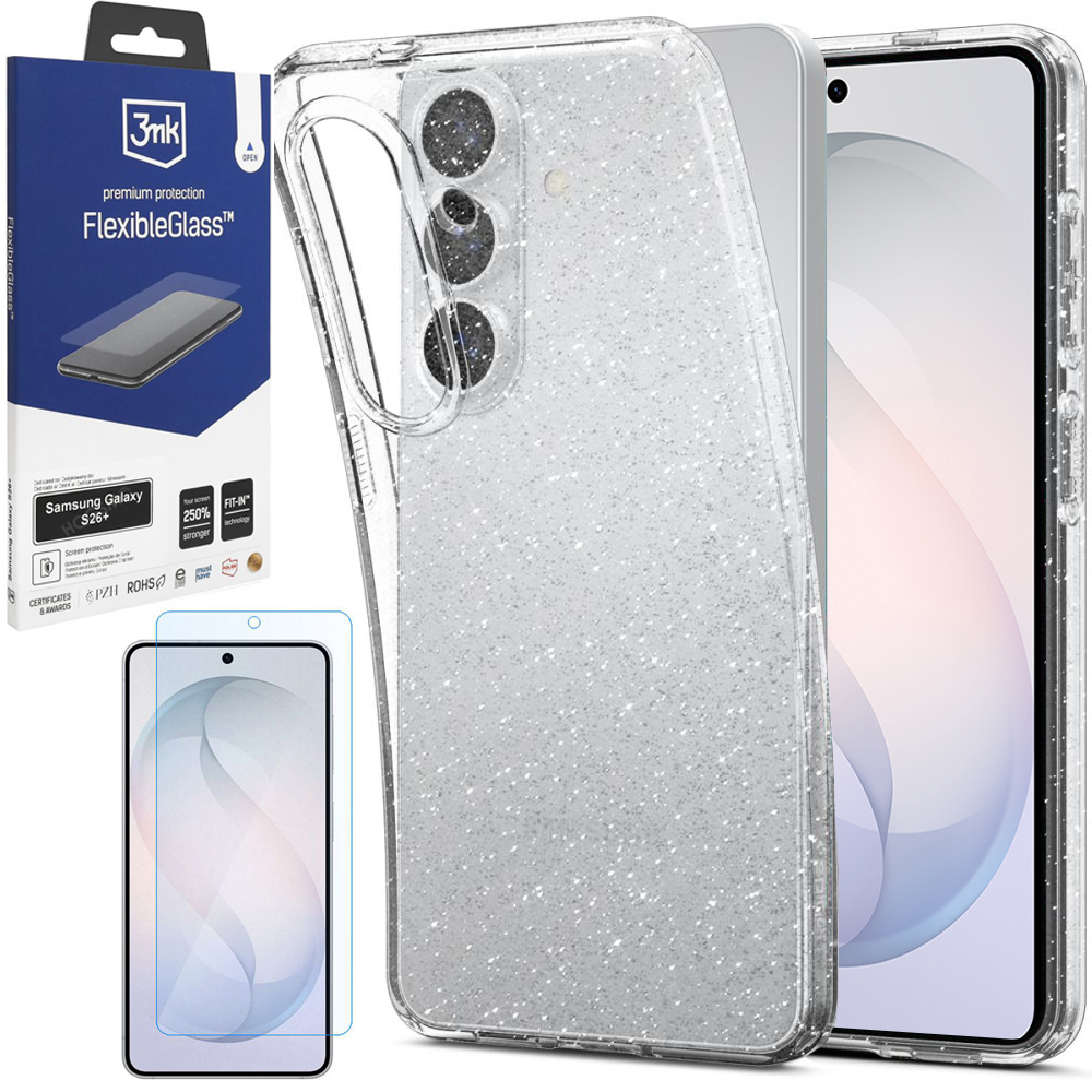 Etui SPIGEN Liquid Crystal Glitter | Crystal Quartz + SZKŁO 3mk Flexible Glass do Samsung Galaxy S26+ Plus