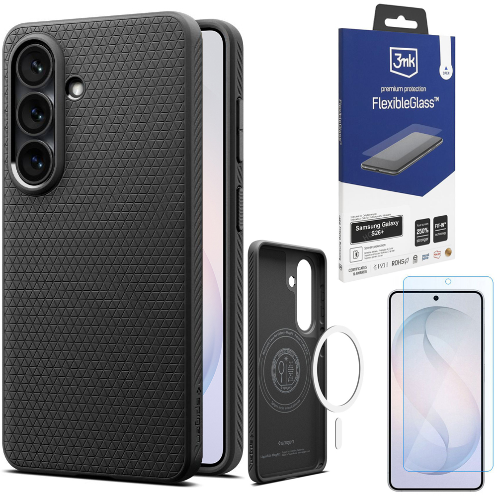 Etui SPIGEN Liquid Air MagSafe | Matte Black + SZKŁO 3mk Flexible Glass do Samsung Galaxy S26+ Plus