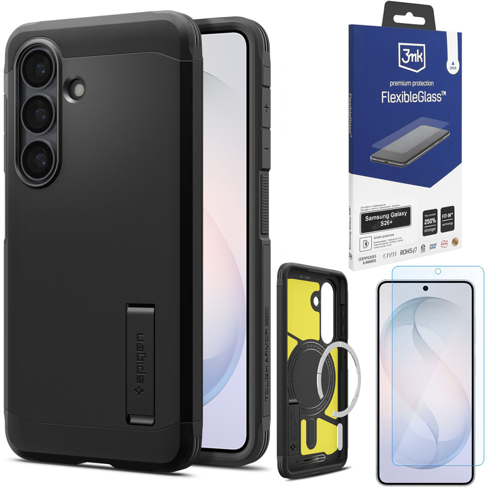 Pancerne Etui SPIGEN Tough Armor z MagSafe | Black + SZKŁO 3mk Flexible Glass do Samsung Galaxy S26+ Plus